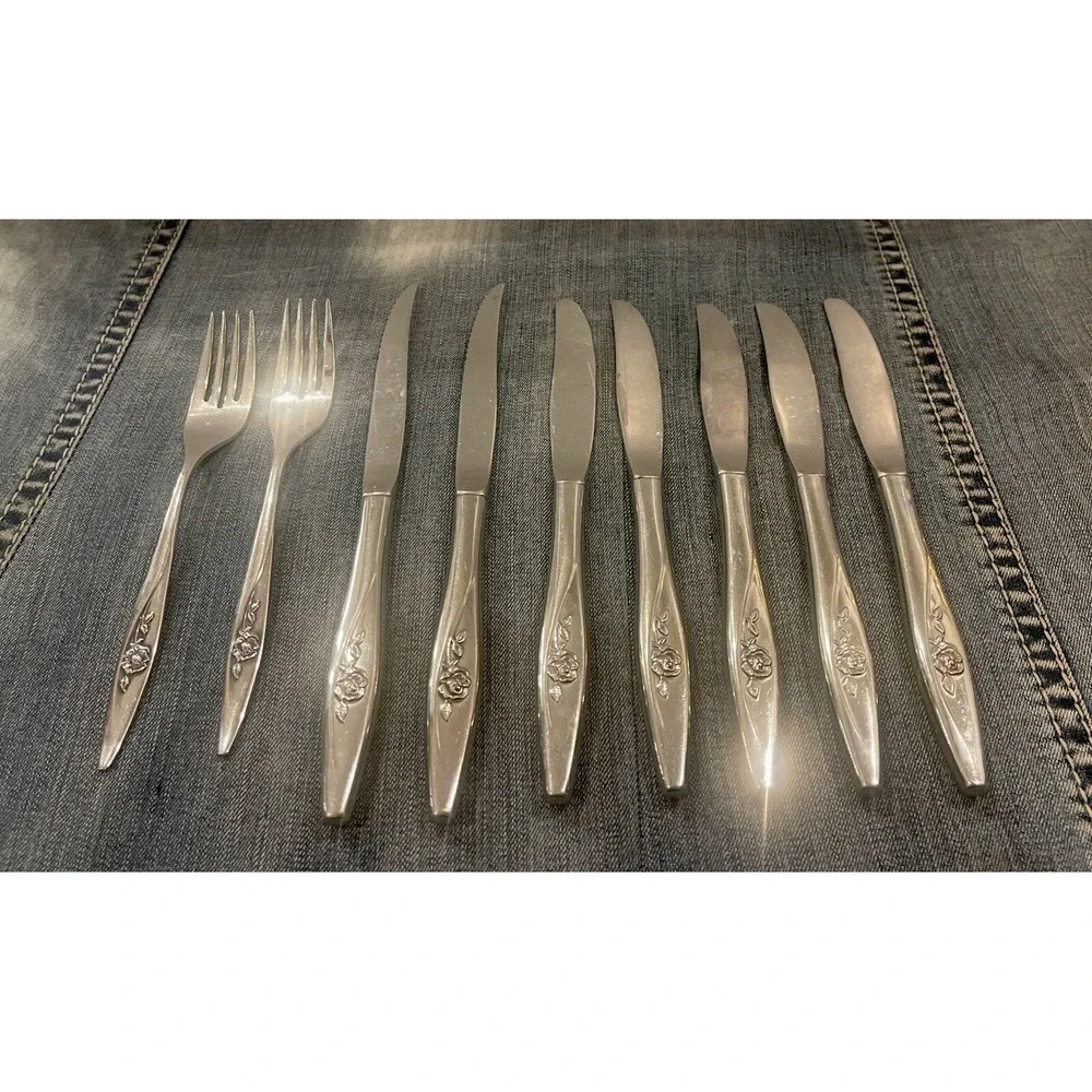 Oneida LASTING ROSE Dinner Steak Knives Forks Flatware Deluxe Stainless Lot 9